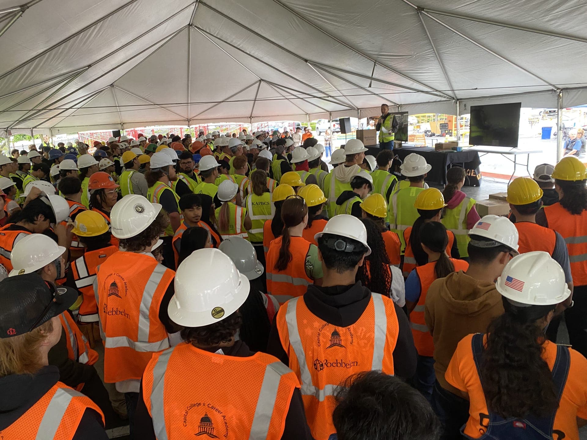 Students in hard hats at a CCCA Works! trades day